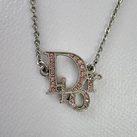 CHRISTIAN DIOR Logo Rhinestone Silver Tone Pendant Necklace - Picture 4 of 7